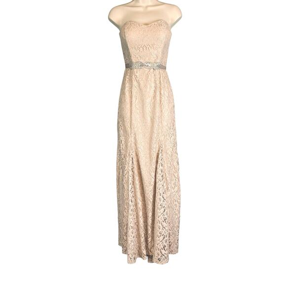 Betsy & Adam Shimmering Lace Gown Strapless Maxi Dress Light Peach Belted Size 4 - Picture 2 of 8